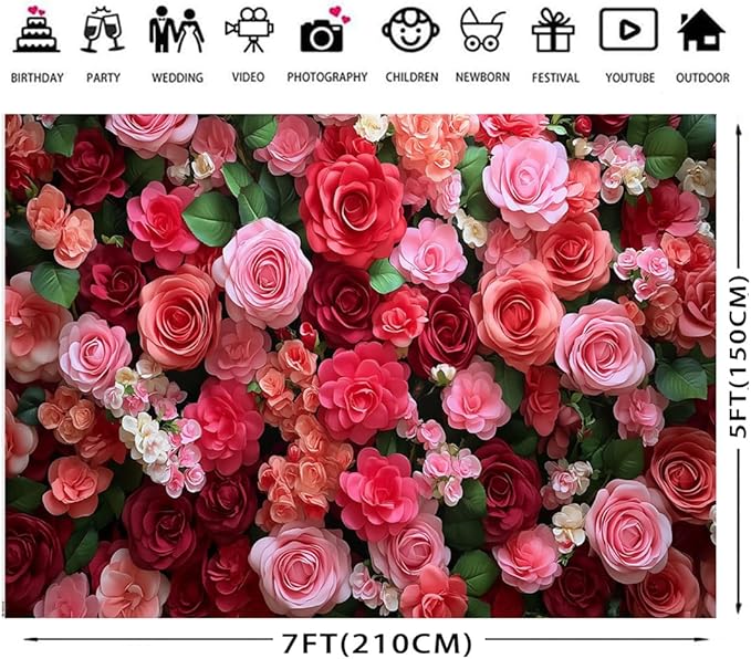 7x5FT Romantic Rose Flower Wall Backdrop Red Pink Floral Background for Wedding Birthday Anniversary Valentine's Day Party Decoration, Photo Booth Banner for Couple Engagement Event Decor 101