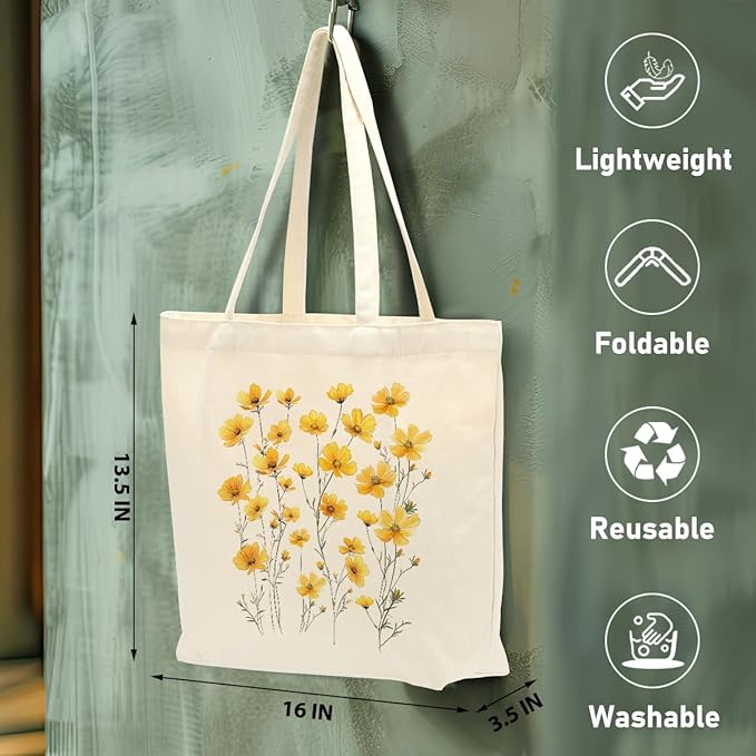 Aesthetic Floral Canvas Tote Bag for Women with Pocket, Tote Bags for Grocery Shopping Work Gym Christmas Birthday