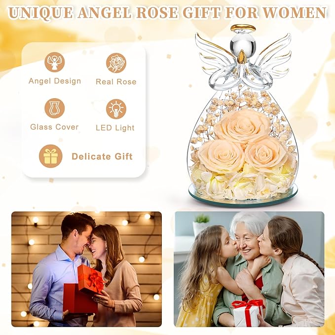 Beferr Christmas Birthday Gifts for Women, Mom Gifts for Christmas Fresh Flowers for Delivery Prime Forever Preserved Rose in Glass Angel Figurine Xmas Gifts for Grandma Wife Sister Her, Champagne