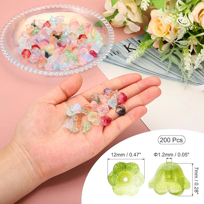 PATIKIL Glass Trumpet Flower Beads, 200 Pcs Gradient Flower Bead Charm for Jewelry Making DIY Craft, Bracelets, Earrings, Necklaces Decorations, Olive Green