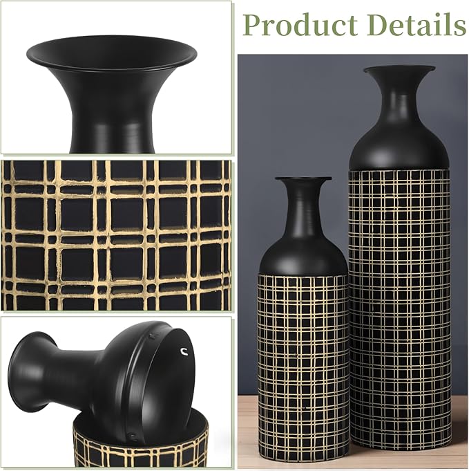 Tall Floor Vase Set of 3, Large Black Metal Vases with Minimalist Gold Lines & Detachable Vase Mouth, Big Modern Decorative Vases for Living Room,Hallway,Dining Room,Office,Kitchen.