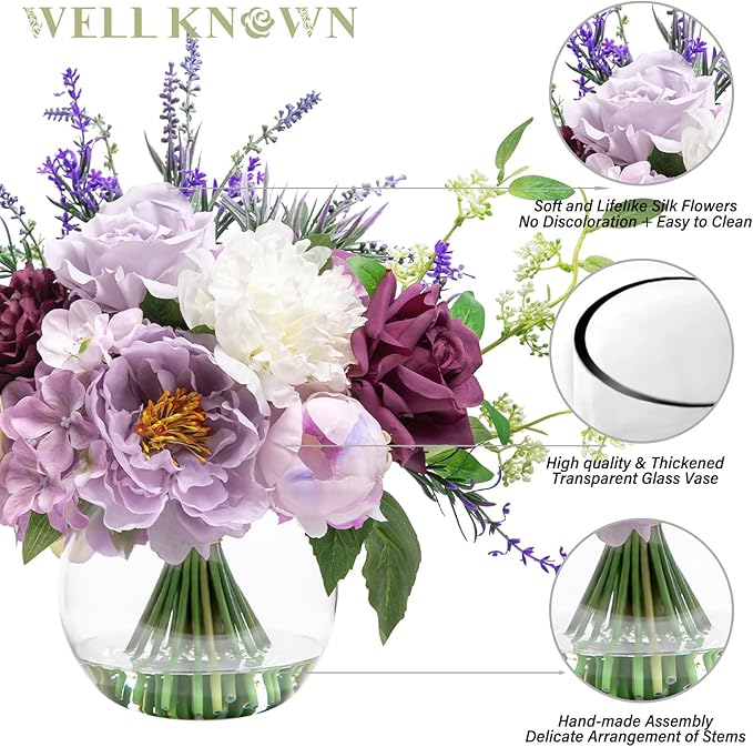 Artificial Flowers in Vase for Home Decor, Fake Lavender & Silk Peony Flower Bouquet Centerpieces in Glass Vase with Fake Water for Party Wedding Dinning Table Office Hotel Decor (Lavender Mixed Plus)