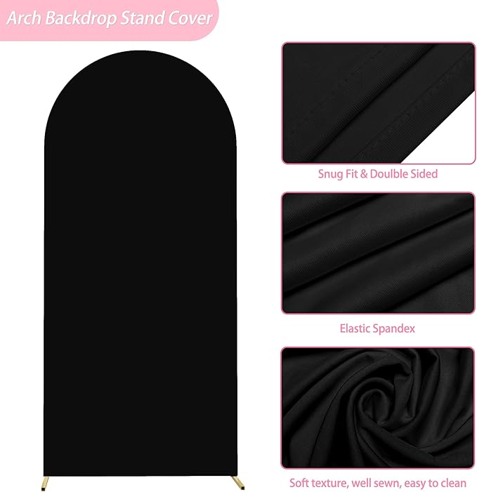 Putros 6ft Metal Arch Stand with Cover Black Spandex Fitted Wedding Arch Cover and Round Top Chiara Backdrop Stand Set for Birthday Party Baby Shower Decoration