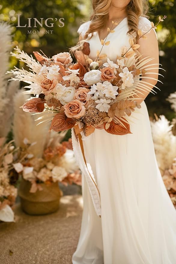 Ling's moment Boho Bridal Bouquet, Rustic Wedding Bouquets for Bride, 17 Inch Silk Free Form Fall Terracotta Artificial Wedding Flower Bouquet