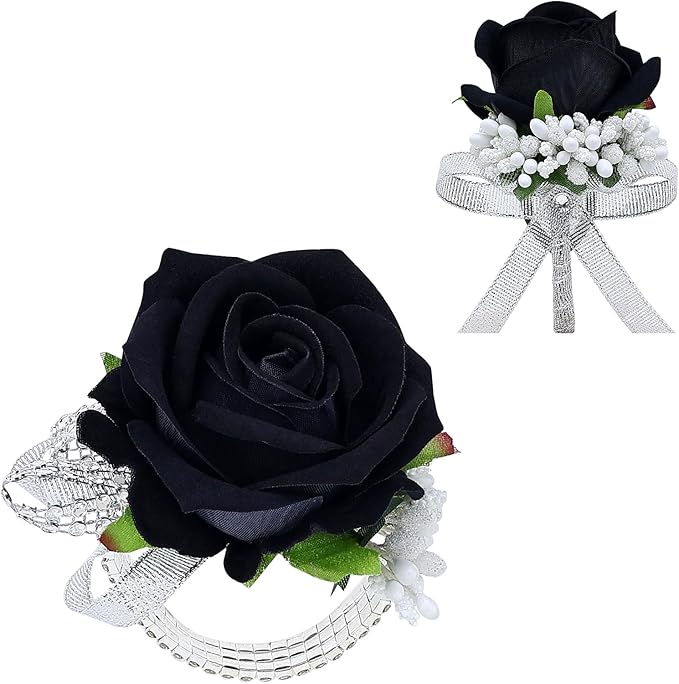 2Pcs Rose Black Corsage and Boutonniere Set, Artificial Wrist Corsage Wristlet Bracelets, Men Boutonniere for Wedding Anniversary Party Homecoming Flowers Accessories Prom Decor