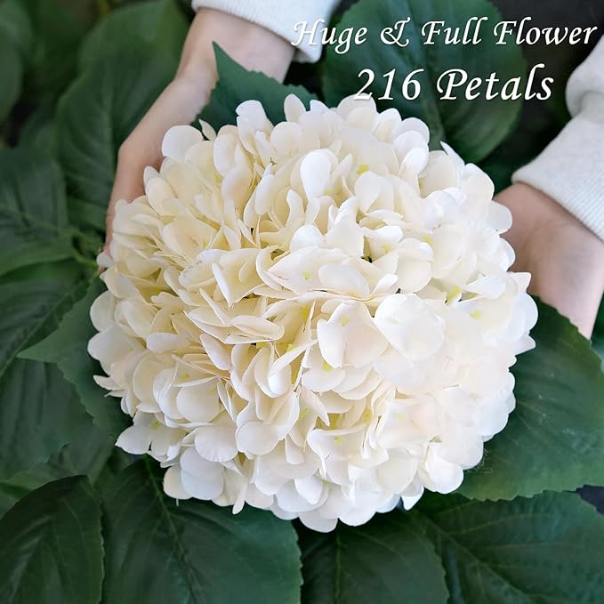 Boho Silk Hydrangea Artificial Flowers, 4Pcs 22" Large Lifelike Flowers,Artificial Hydrangeas for Indoor Bouquet Table Centerpieces Home（Cream/Yellow）