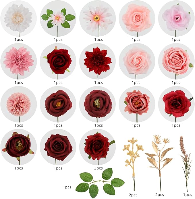 Floweroyal Artificial Flowers Combo Red Flowers Mix Silk Flowers Dahlia Roses with Stems for DIY Wedding Bridal Bouquets, Baby Shower, Floral Arrangement, Table Centerpieces, Home Decorations.