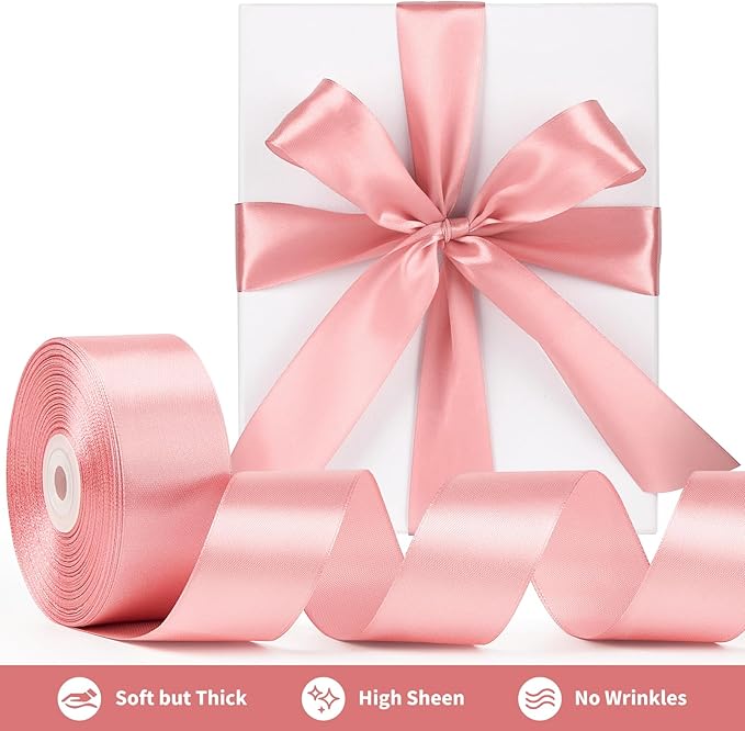 1-1/2 Inch Wide Rose Gold Satin Ribbon, 50 Yards Solid Polyester Fabric Ribbon for Roses Making, Gift Wrapping, Christmas, Wedding Decorations, Crafts, Bows