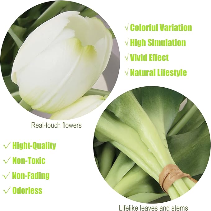 20pcs Artificial Tulip Flowers,16 Inch Real Touch Tulip Stems with Faux Leaves, Faux Tulips and Buds for Home Décor Centerpiece Ornament Wedding Bouquet,White