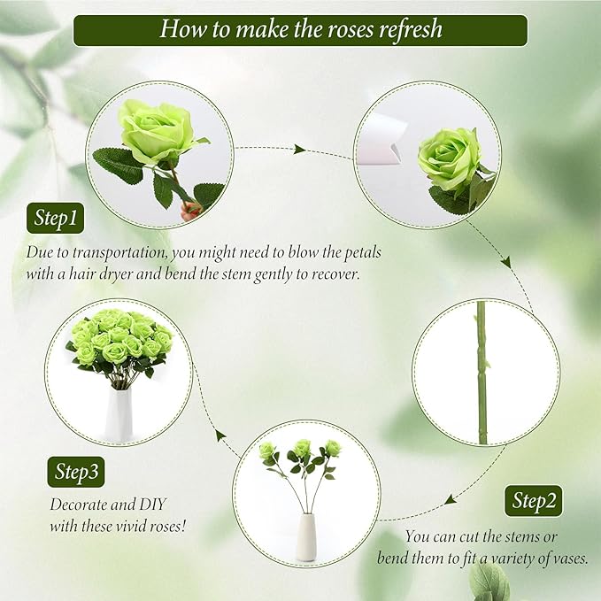 Hotop 20 Pcs Artificial Rose Flowers with Long Stem,Real Touch Silk Realistic Plastic Bouquet Roses Bulk for Home Decor Bridal Wedding Party Table Centerpieces Decorations(Green)