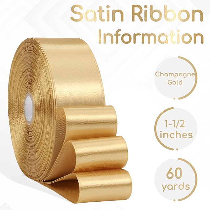 Champagne Gold Ribbon 1-1/2 Inch x 60 Yards, Champagne Gold Satin Ribbon for Crafts, Gift Wrapping, Flower Bouquet, Baby Shower, Birthday, Wedding and Festival Decor