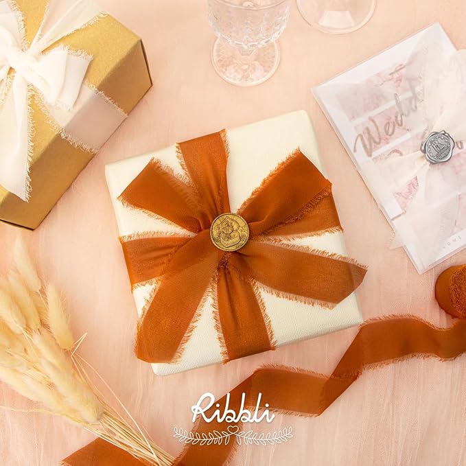Ribbli Fall Chiffon Ribbon 1.5 inch x 30 Yard Handmade Silk, Cream/Beige/Terracotta Fringe Chiffon Ribbon for Wedding Invitations, Bridal Bouquets Wrapping, Flower Arrangement Decoration