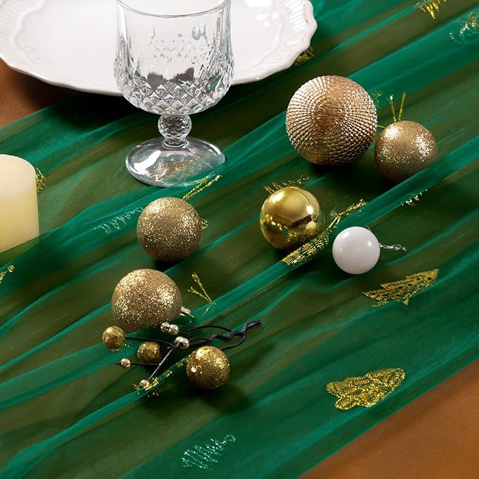 Socomi Christmas Tree Table Runner Gold Gauze Sheer Chiffon Cheesecloth Sequin 10FT Glitter Metallic Foil Dining Wedding Birthday Party Winter Holiday Centerpiece Table Decor 3pcs Emerald Green
