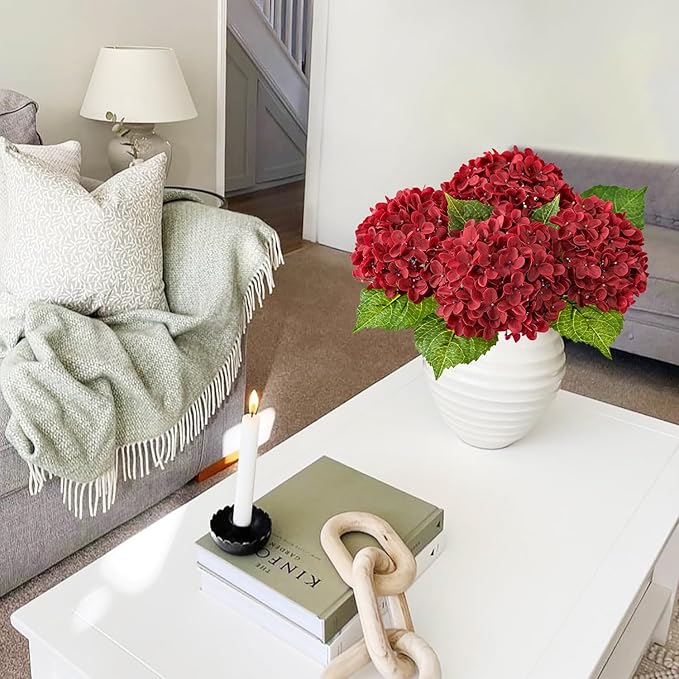 Hydrangea Artificial Flowers, Lifelike Latex Silk Real Touch Faux Hydrangea Flowers, Artificial Hydrangeas Bouquet for Wedding Centerpieces Tables Party Home (Red)