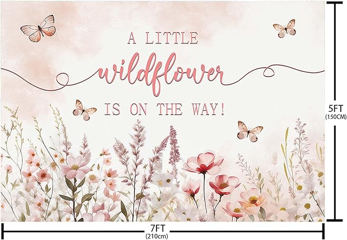 MEHOFOND 7x5ft Baby Shower Backdrop Pink Watercolor A Little Wildflower is On The Way Baby Shower Party Decorations Butterfly Theme Girl Banner Photography Background Props