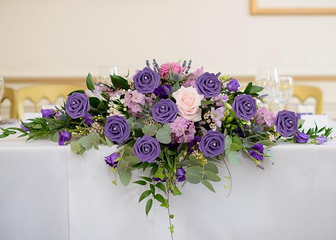 INSUNSX Purple Roses Artificial Flowers with Crystal 50PCS Purple Artificial Roses with Stems Realistic Flowers for Bridal Shower Centerpieces Wedding Bouquet Table Decorations