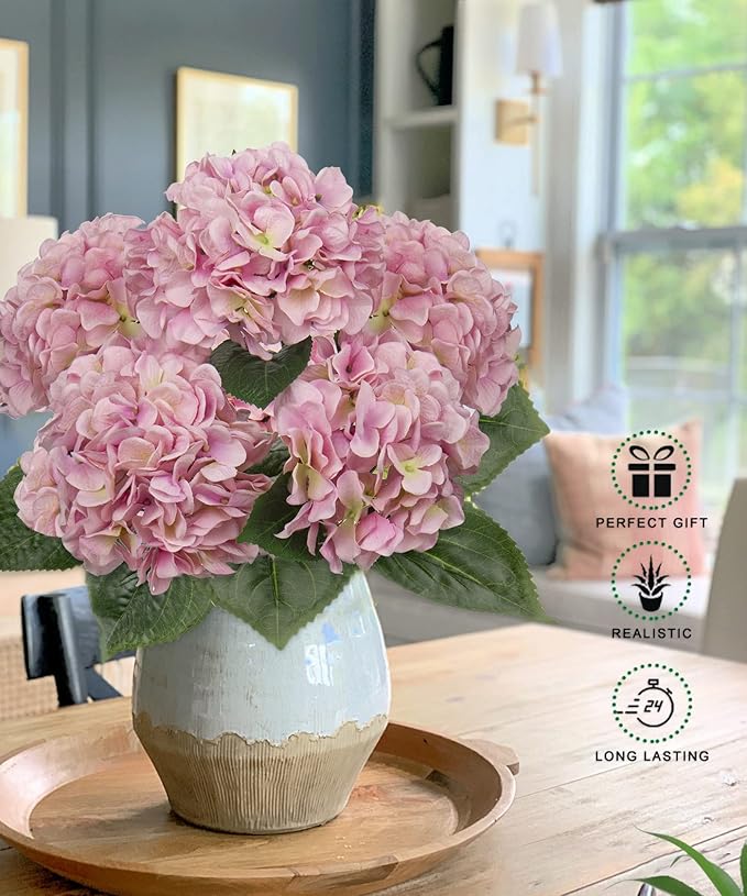 Hollyone Pink Hydrangea Artificial Flowers Large Artificial Hydrangeas Silk Flowers for Home Decor Indoor Wedding Flowers Bouquets Faux Flowers Kitchen Centerpiece Table Decorations