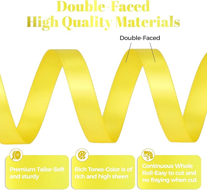 Lemon Yellow Satin Ribbon, Double Faced 3/8 Inch X 25 Yards Lemon Yellow Ribbon, Premium Satin Ribbon for Gift Wrapping, Crafts, Hair Bow Making, Sewing, Flower Bouquet, Wedding Party Decor
