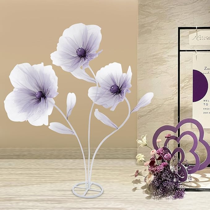 Large Giant Flowers Wedding, 3-Head Fake Flowers with Standing Stems and Base, 5.6 Ft Tall Artificial Silk Flower Large Fake Flower, Wedding Reception Banquet Background Home Decor (Purple)