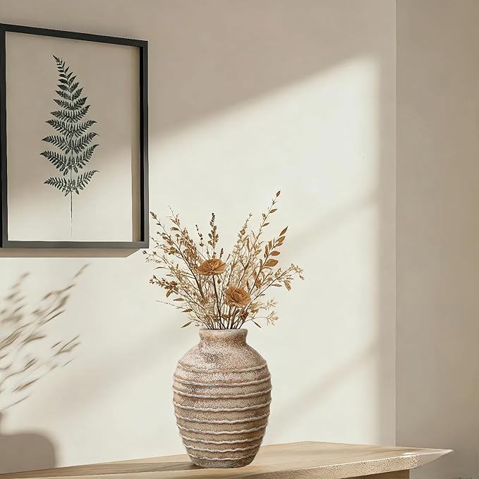 Ceramic Vase, 6.7 inch Ribbed Textured Minimalist Rustic Farmhouse Terracotta Vase for Home Decor, Table, Living Room, Entryway, Shelf, Mantel Decoration (Rust)