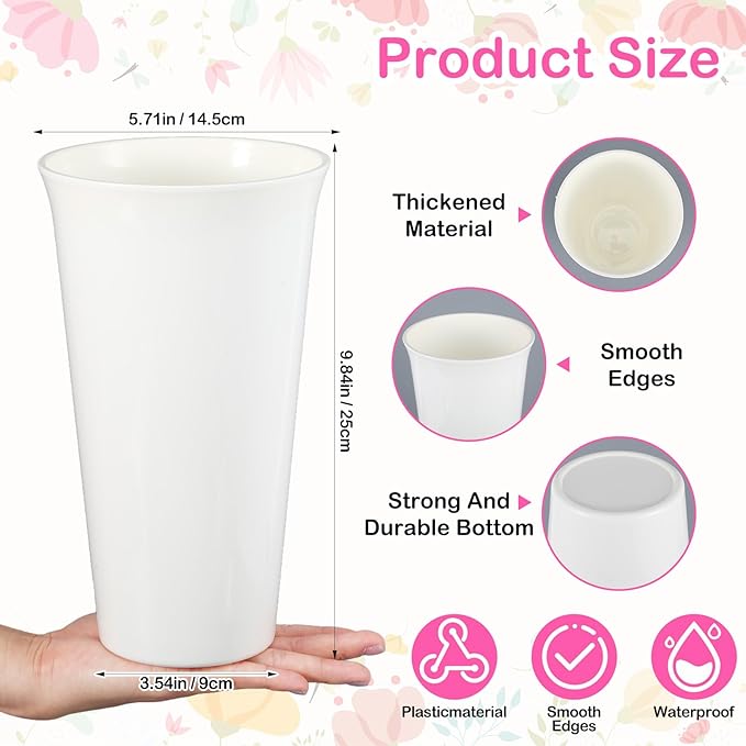 8 Pack Flower Buckets 9.84 Inch Plastic Flower Vases Modern Round Vases for Centerpieces Floral Display Decorative Buckets for Table Home Wedding Decorations (White)