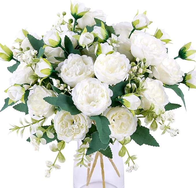 Floweroyal 2 Bunches Peony Artificial Flowers White Flowers Silk Peonies Bouquets for Wedding Party Table Centerpieces Floral Arrangement Home Kitchen Decor
