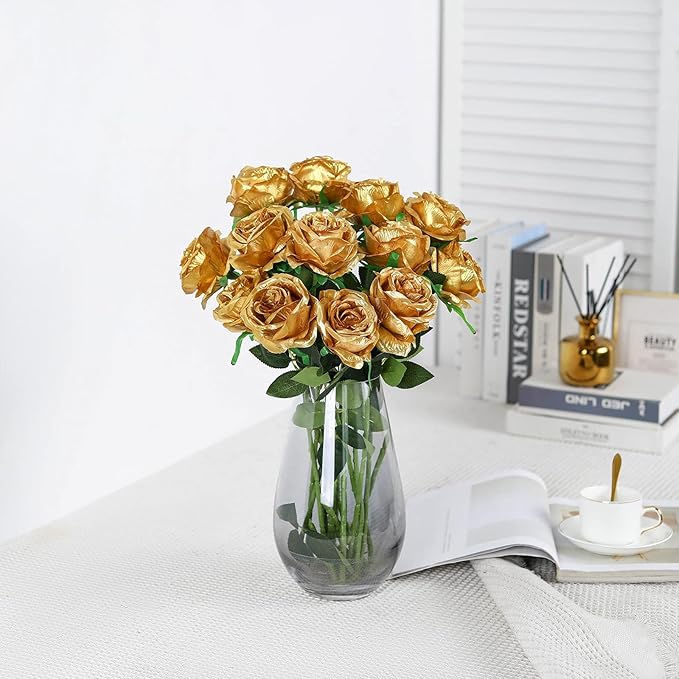 Nubry Artificial Silk Rose Flower Bouquet Lifelike Fake Rose for Wedding Home Party Decoration Event Gift 10pcs (Gold)