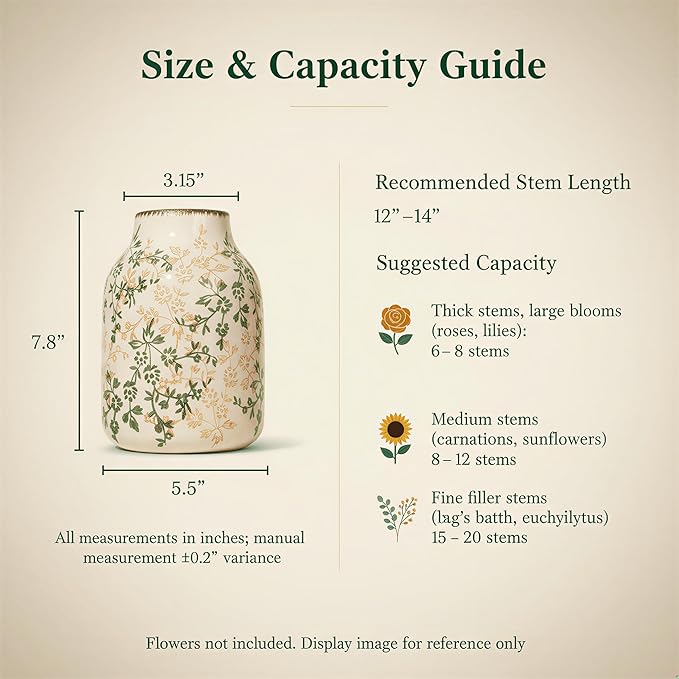 Rustic Vintage Ceramic Vase, 7.8 inch Beige and Green Decorative Vase, Aesthetic Farmhouse Pottery Vase for Home Decor, Living & Dining Room, Bookshelf, Office, TV Stand Table Decor