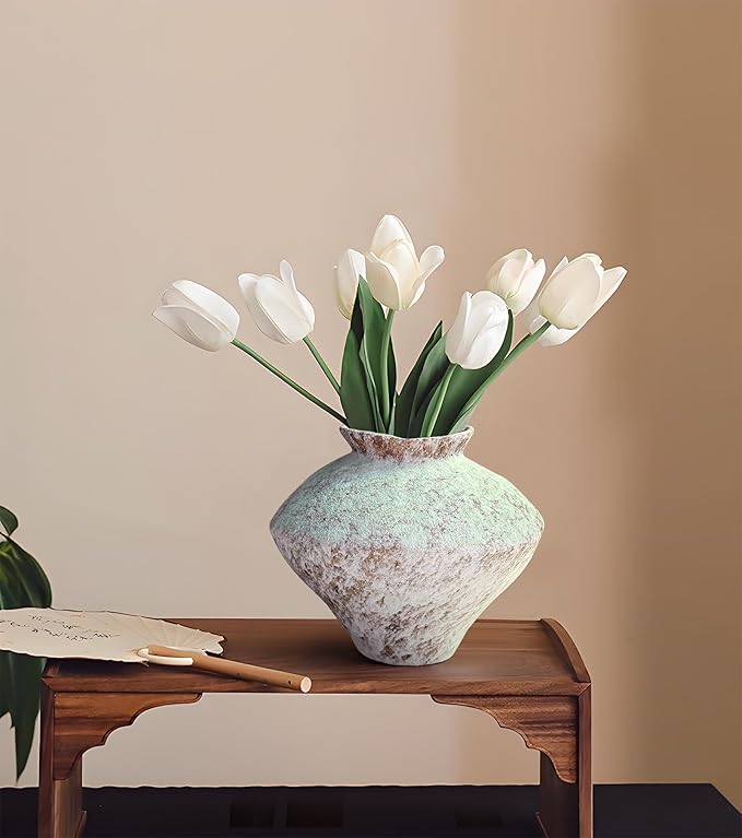 GeLive Frost White Ceramic Rustic Vase Jingdezhen Handmade Vintage Pottery Flower Jar for Fresh and Dried Plants Table Centerpiece Wabi Sabi Vase Home Farmhouse Decor
