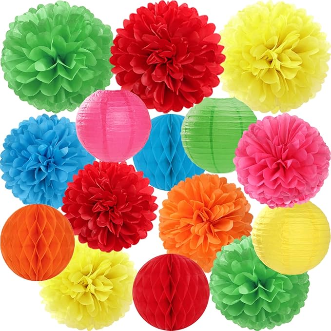 Rainbow Colourful Paper Flowers Tissue Pom Poms Honeycomb Lanterns 15pcs Party Decorations for Mexican Fiesta Cinco De Mayo Taco Carnival Birthday Wedding Baby Shower Hanging Decor Mprocherify