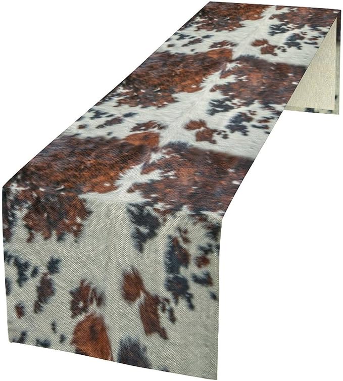 Cow Print Table Runner, Brown Cowhide Print Western Style Table Runner Country Farmhouse Cottage Cow Patten Table Decoration for Home Kitchen Dining, 13x90 in