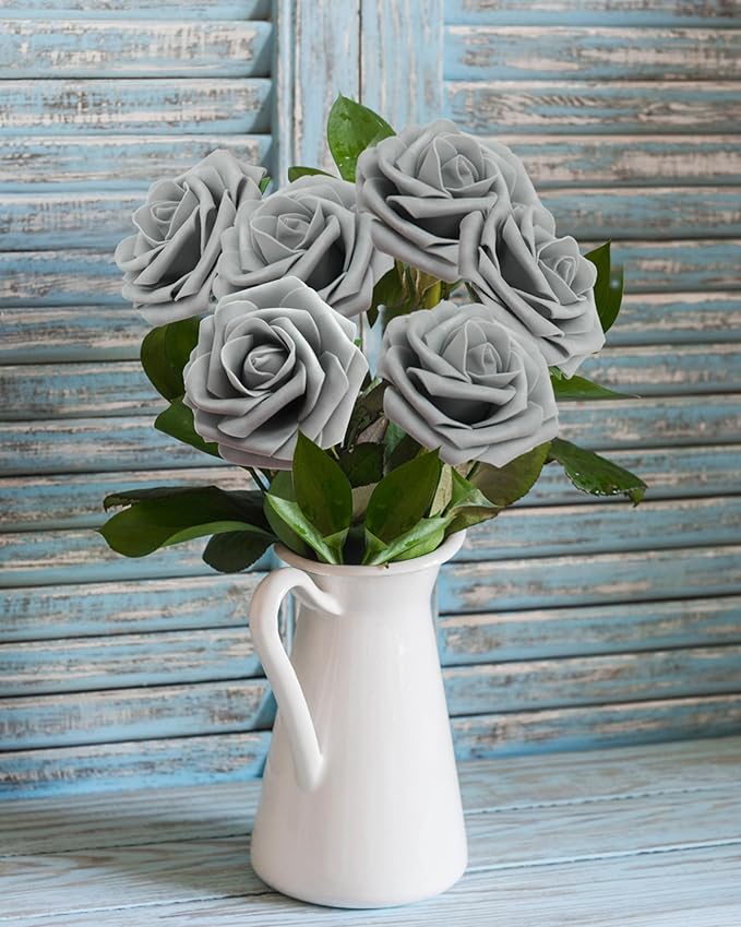 JOYLEX Artificial Flowers Realistic Roses, Real Looking Fake Roses with Stem for DIY Wedding Bouquets Centerpieces Bridal Shower Party Home Romantic Decorations (Grey, Regular 3" - 200pcs)