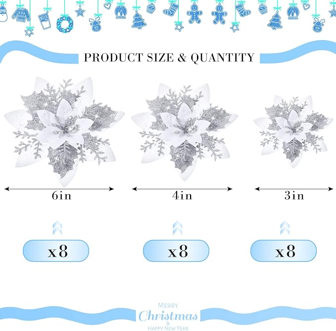 24 Christmas Glitter Artificial Poinsettia Flowers Xmas Poinsettia Artificial Wedding Flowers Decorations Xmas Tree Ornaments with Clips for Party Favors, 6 Inch, 4 Inch, 3 Inch (Silver and White)
