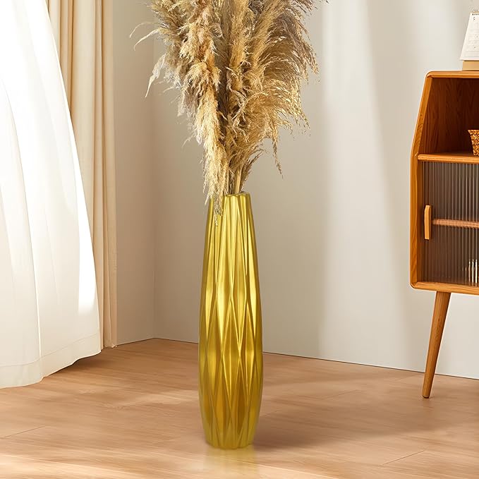 Gold Ceramic Tall Floor Vase,17.7 Inch Large Modern Flower Vases for Home Décor,Wicker Big Floor Vases Decorations for Farmhouse, Living Room,Bedroom,Standing Plastic Vase Decorative Tall