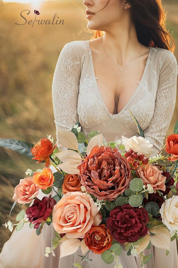 Serwalin 2PC Artificial Flowers Orange Marigold Flowers Fall Flowers Fake Wedding Flowers Cake Flowers for DIY Wedding Bouquets Bridal Shower Centerpieces Floral Arrangements Decor