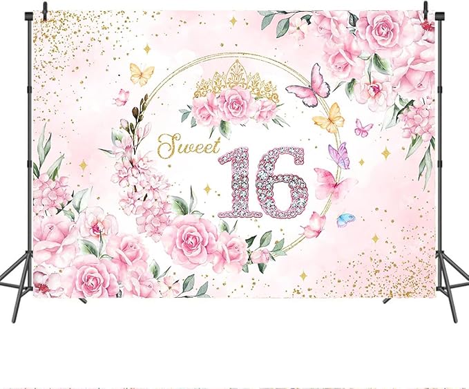 Mocsicka 7x5ft Sweet 16 Backdrop Sweet 16 Banner Decorations for Girls Birthday Party Pink Floral Gold Dots Sweet 16 Background Sweet Sixteen Decorations Photo Booth Props