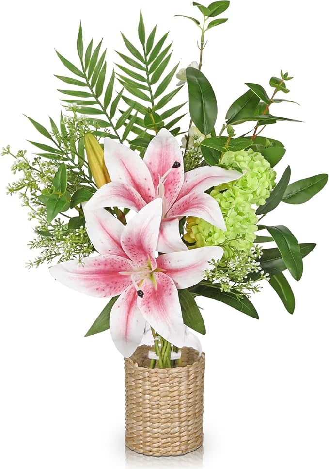 Hollyone Fake Flowers with Vase, Easter Lily Flowers, Pink Silk Tiger Lily and Hydrangea Artificial Flowers in Vase, Faux Plants and Flowers Arrangement Bouquets for Table Centerpieces Home Decor