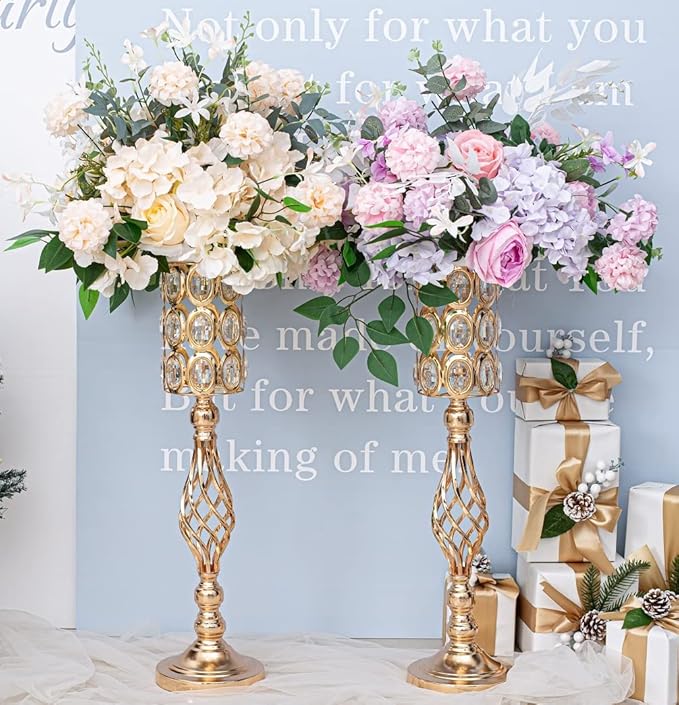 Set of 10 Metal Diamond Crystal Wedding Centerpiece Vases for Tables, 24in Gold Versatile Tall Flower Holders Centerpiece Flower Stands for Wedding Party Reception Dining Room Living Room Décor