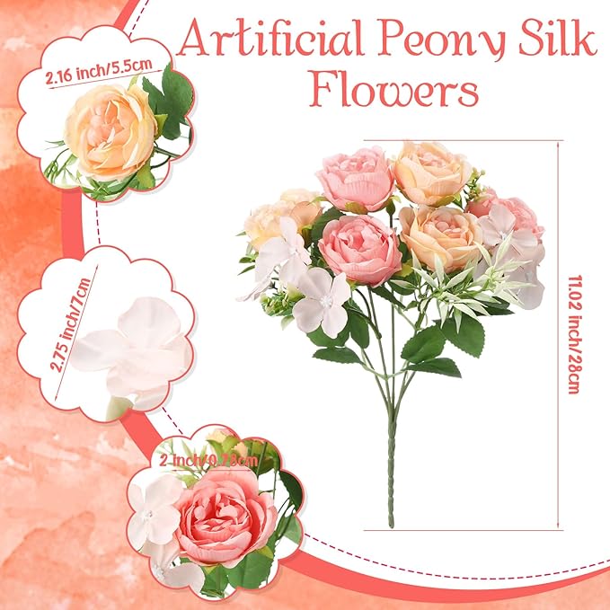 Geosar 8 Bundles Artificial Peonies Flowers Fake Silk Peony Bouquet Faux Peonies Flowers Bulk for Decoration Vase Floral Arrangements Wedding Party Table (Pink,Yellow)