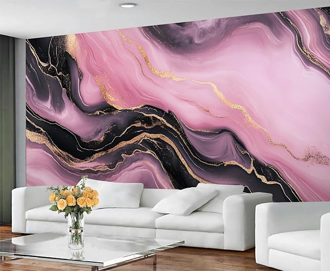 Pink Black Marble Wall Mural, Luxury Fluid Art 3D Wall Murals, Gold Vein Abstract Marble Wallpaper Mural, for Living Room Bedroom Large Wallpaper Indoor Decor 118" W x 82.6 "H