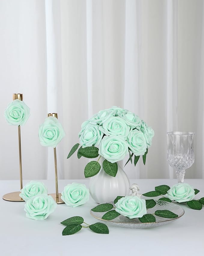 DuHouse 50Pcs Artificial Roses Flowers Fake Roses with Stems Real Touch Foam Flowers for DIY Wedding Bouquet Baby Shower Centerpiece Floral Arrangement Party Home Decor(Mint Green)