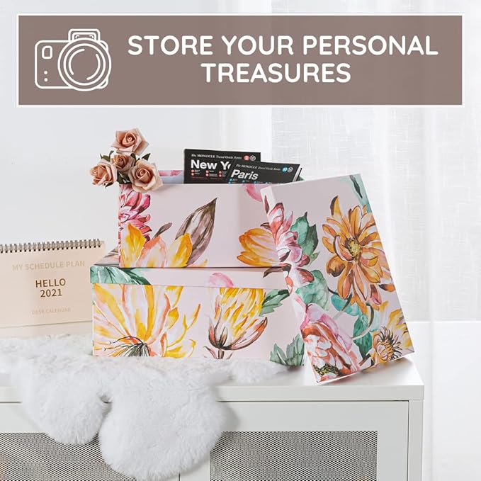 Soul & Lane Decorative Cardboard Storage Boxes with Lids for Home Decor and Organization, Set of 3 Large Keepsake Boxes for Memories & Gifts, Nesting Floral Photo Storage Containers, Beauty in Bloom