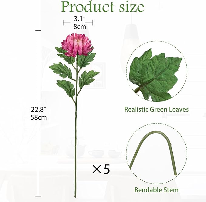 Hollyone 5Pcs Fake Mums Flowers Pink Artificial Chrysanthemum Flowers Silk 22.8inch Long Stem Floral Arrangements Bouquets Faux Spider Mum Flower Pincushion Flower Bush Spring Home Decor