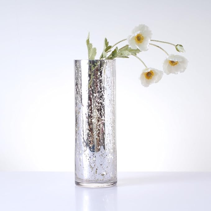 Hosley 12 Inch High Metallic Silver Speckled Finish Glass Floral Vase. Ideal Gift for Floral Arrangements Weddings Bridal Spa Meditation Reiki Rose Vase Nautical Settings Led Lantern Votive Garden P1
