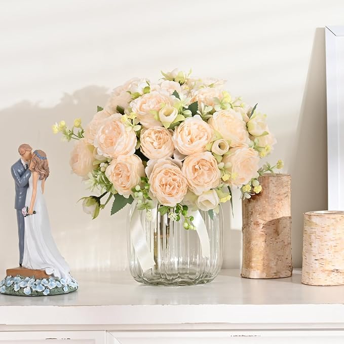 MARTINE MALL 4 Packs Peonies Artificial Flowers, Champagne Artificial Peonies, Silk Peonies Flowers Fake Peonies Artificial Flowers Peonies Bouquet for Centerpiece Table Wedding Party Home Decor