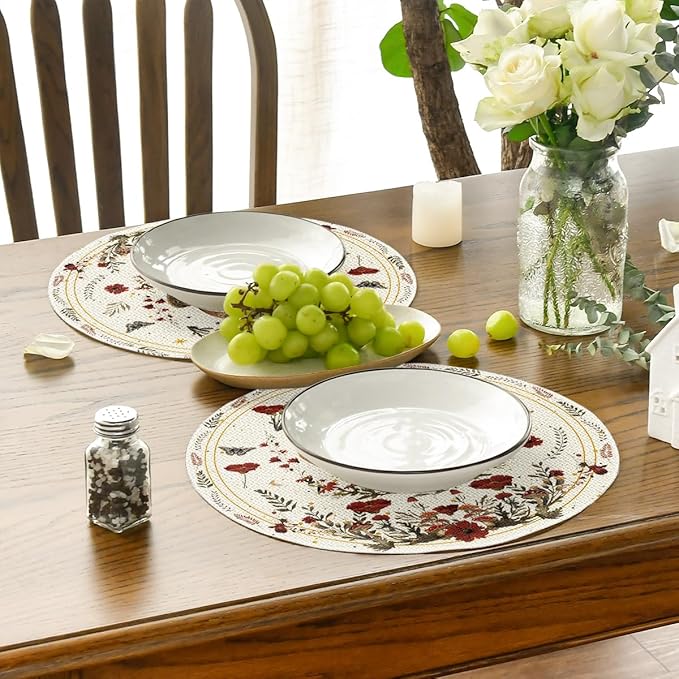 Artoid Mode Beige Poppy Moth Moon Round Placemats Set of 4, 14 Inch Floral Spring Round Table Mats for Party Kitchen Dining Decoration