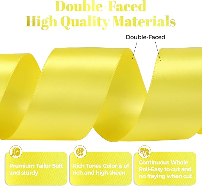Lemon Yellow Satin Ribbon, Double Faced 2 Inch X 25 Yards Lemon Yellow Ribbon, Premium Satin Ribbon for Gift Wrapping, Crafts, Hair Bow Making, Sewing, Flower Bouquet, Wedding Party Decor