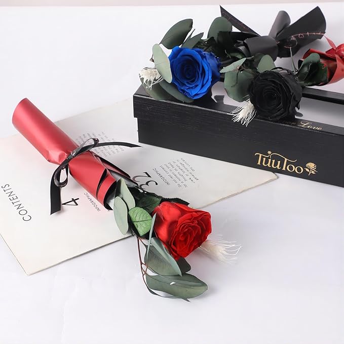 Forever Flower, Preserved Rose Birthday Gifts for Women, Her, Wife, Mom, Prime Eternal Roses Gifts for Mothers Day, Valentines Day, Anniversary, Graduation, Wedding, Single Rose Real Rose (Black)