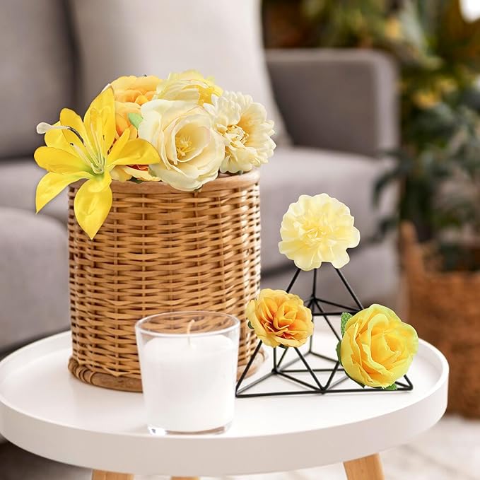 rongflower Fake Flower Heads for Crafts - Yellow Silk Artificial Roses, Peonies, Daisies & Mini Floral Heads Bulk (48-Pack) for Wedding Decor, Graduation Cap, Cake Topper, Baby Shower, Home Decoration