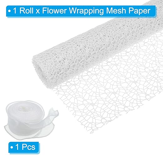 PATIKIL Flower Wrapping Mesh Paper, 15ft Floral Bouquet Craft Packaging Hollow Net Yarn with Ribbon for Flowers Gift Packaging, White